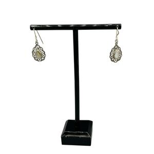 Vintage Silver Tone Teardrop Dangle Earrings Filigree Mother of Pearl Look